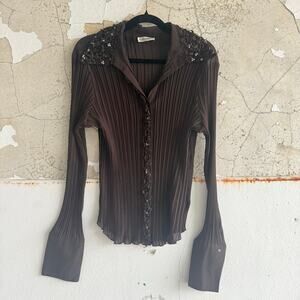 Vtg Pleated Blouse Brown Embellished Button Down Top Womens XL Dressy Office 90s